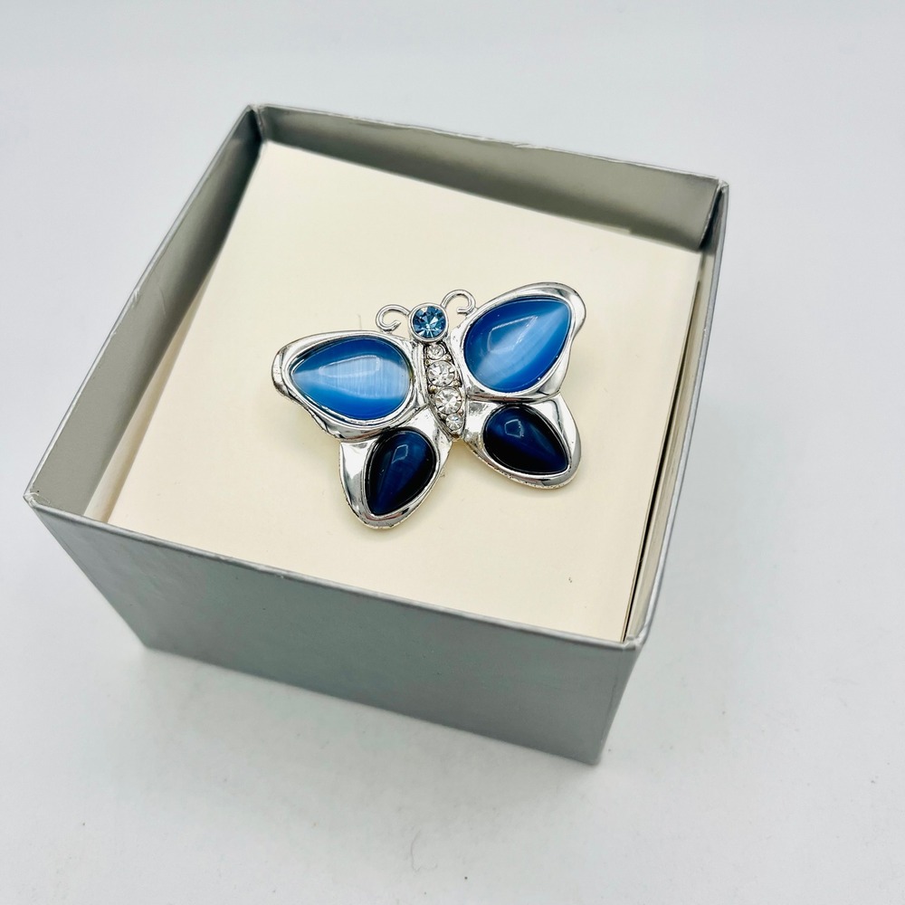 Silver Tone Blue Cat Eye Butterfly Brooch Pin Rhinestone Accent Wing Jewelry
